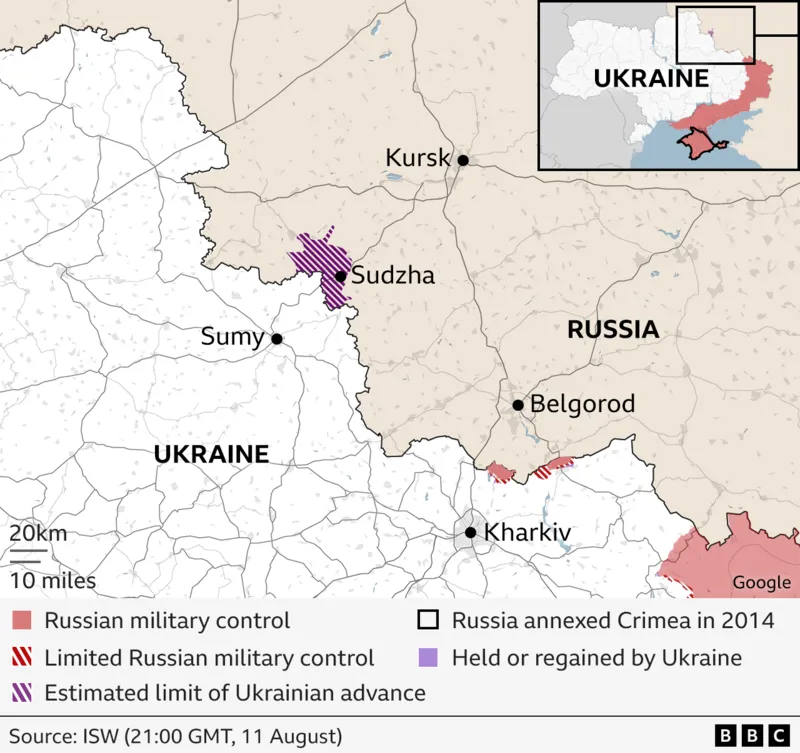 Map showing the 1,000 square kilometers of territory claimed by Ukraine, highlighting key areas of control.